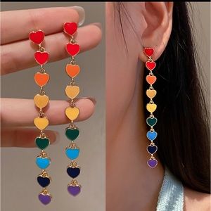 Gorgeous Long Rainbow Hearts Dangle Earrings